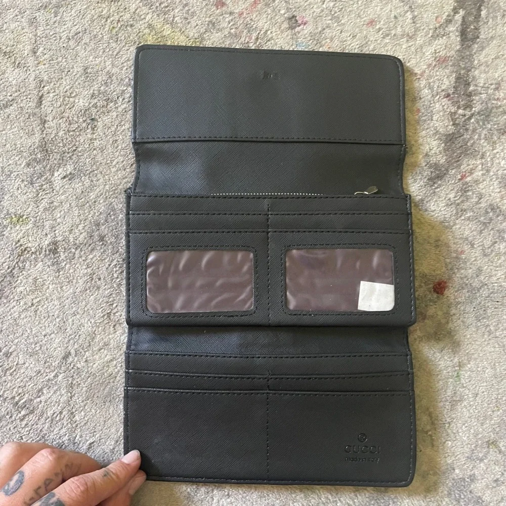 Gucci Marmont Web Stripe Black Leather Continental Wallet Gold GG Logo Trifold
